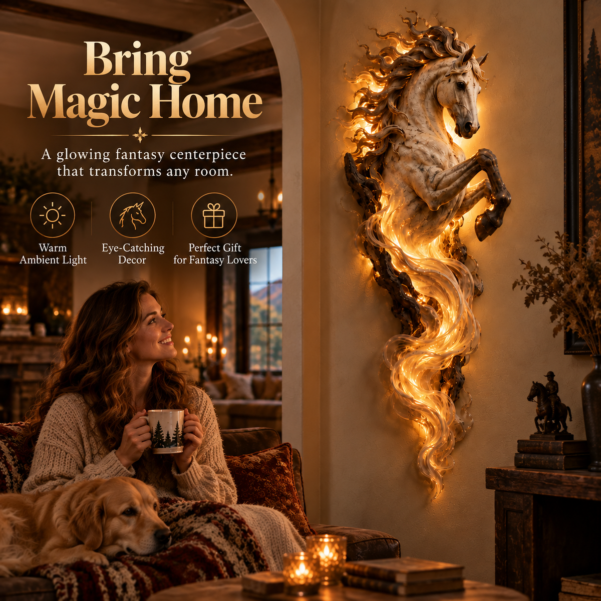 Woman relaxing beside illuminated Emberlight horse wall sculpture
