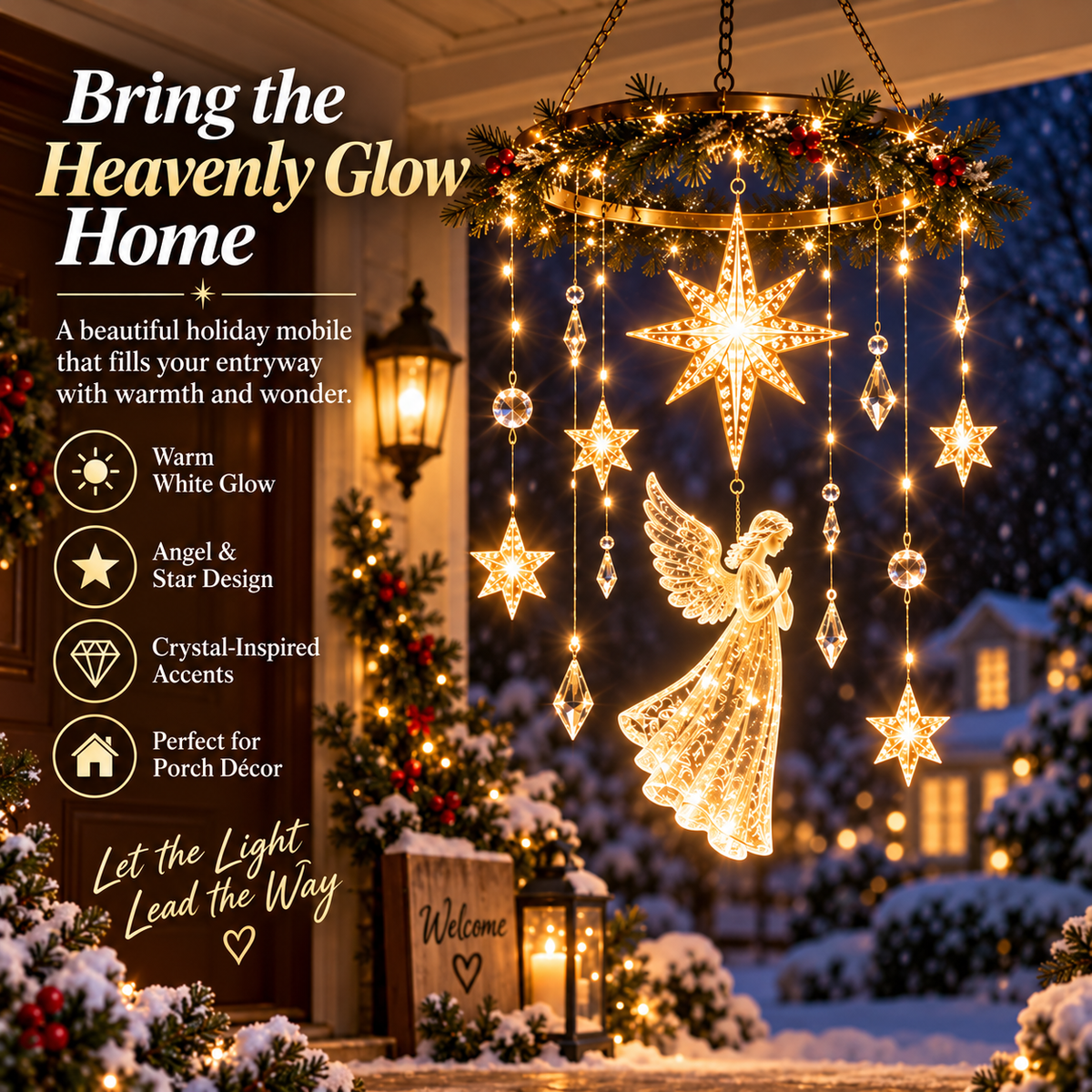 Angel Star Christmas Hanging Light – Warm White LED Holiday Chandelier with Crystal Accents