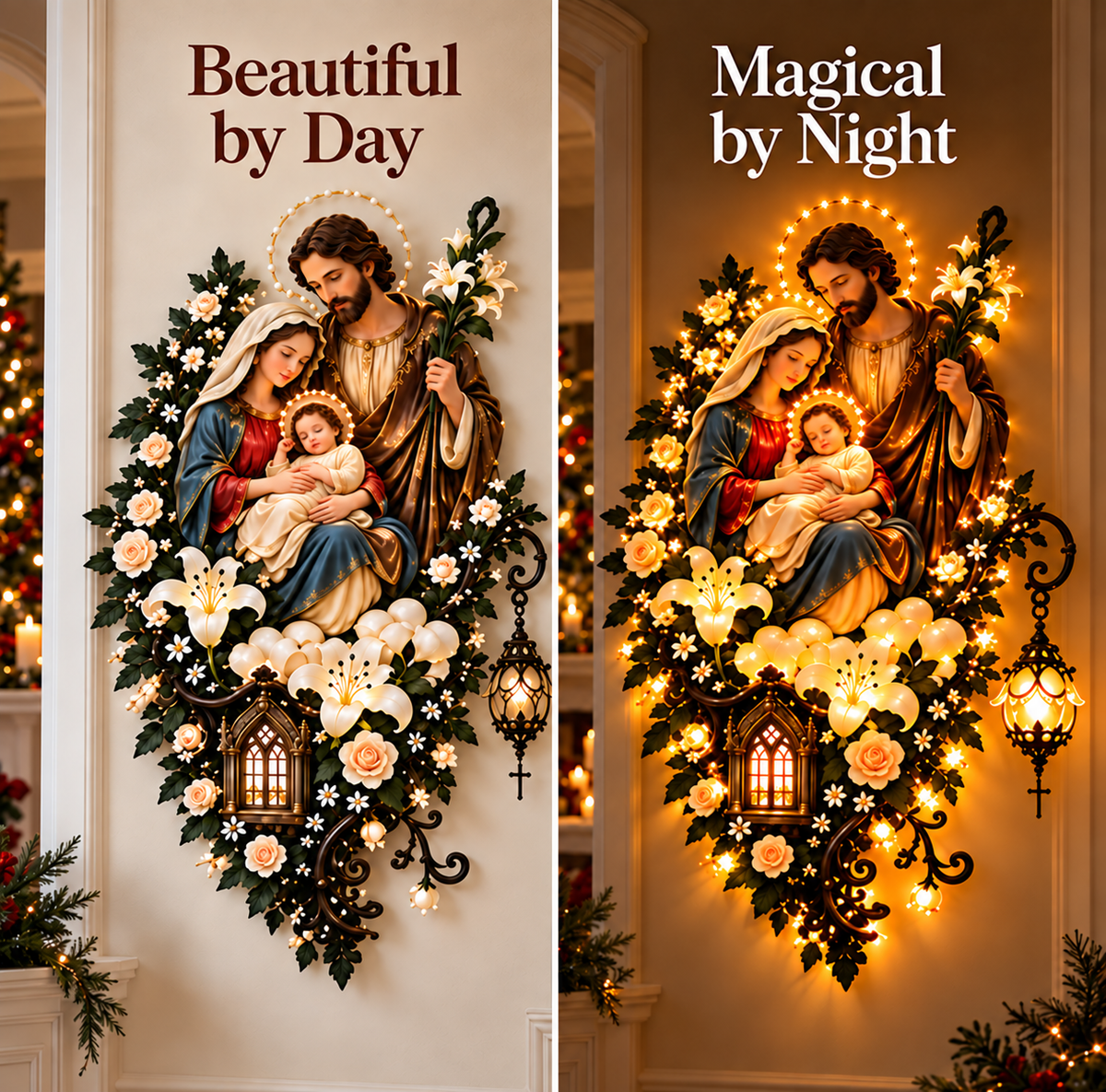 ⏳ Last Day 49% OFF –✨ Glowing Holy Family Floral Wall Decor