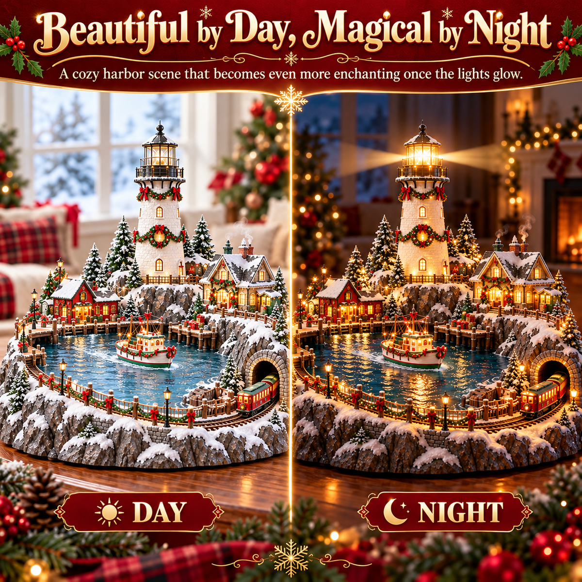 🔥 LAST DAY 49% OFF-🎄Christmas Lighthouse Harbor Village – Light-Up Winter Wonderland