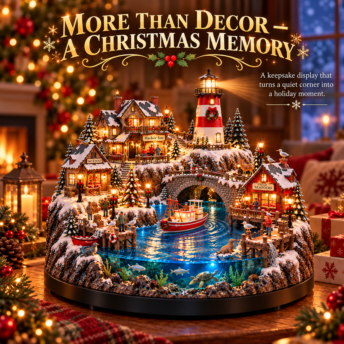 🔥 HOT SALE 49% OFF🔥 Harborlight Christmas™ — Lighted Coastal Village with Lighthouse, Fishing Boat & Underwater Scene ✨