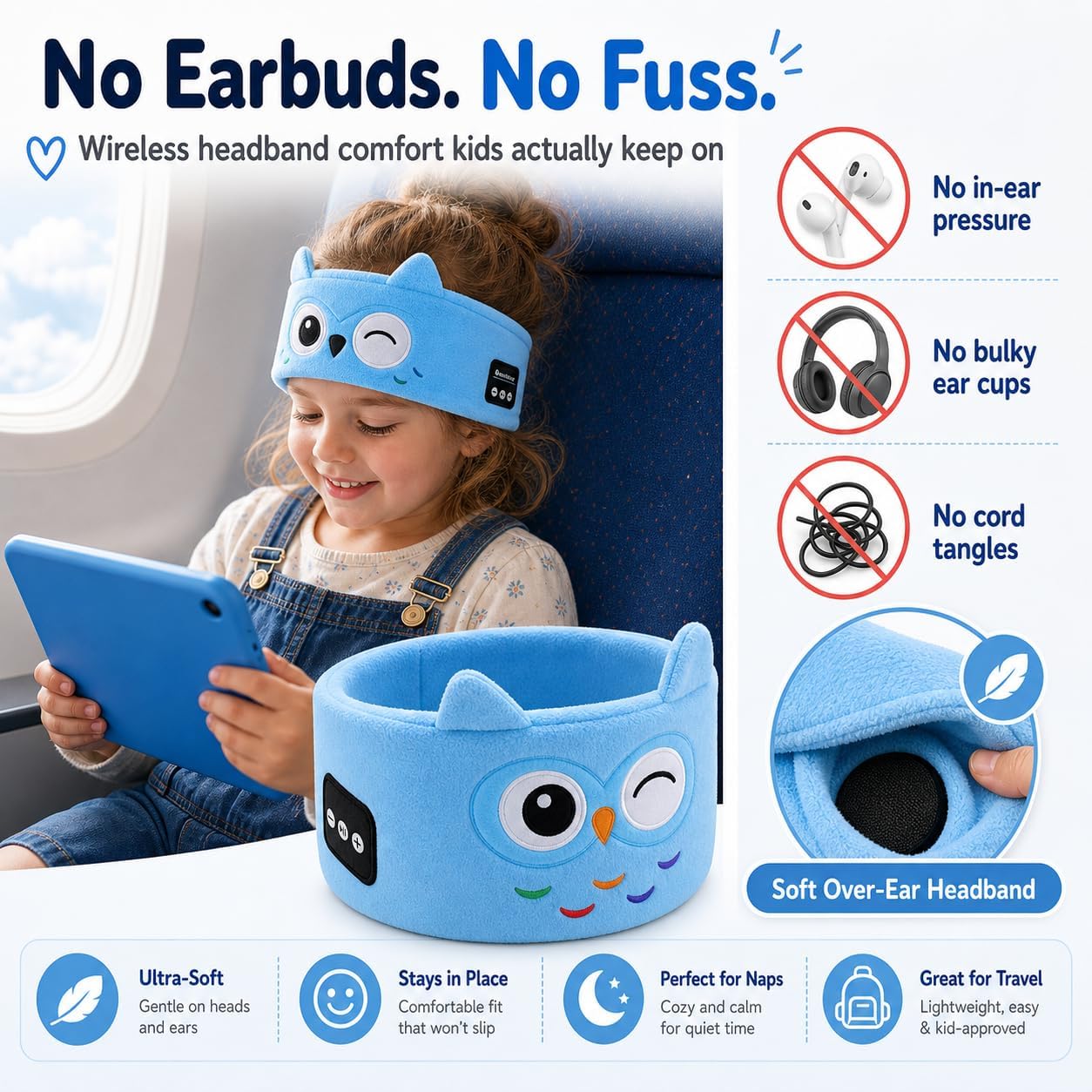 Kids Wireless Headphones, Over Ear Headphones for Children & Toddlers, with Thin Speakers & Super Soft Fleece Headband