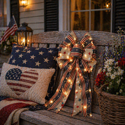 🔥 Buy 1 Get 1 Free🇺🇸 Patriotic Burlap Bow Rustic American Flag Wreath Decor