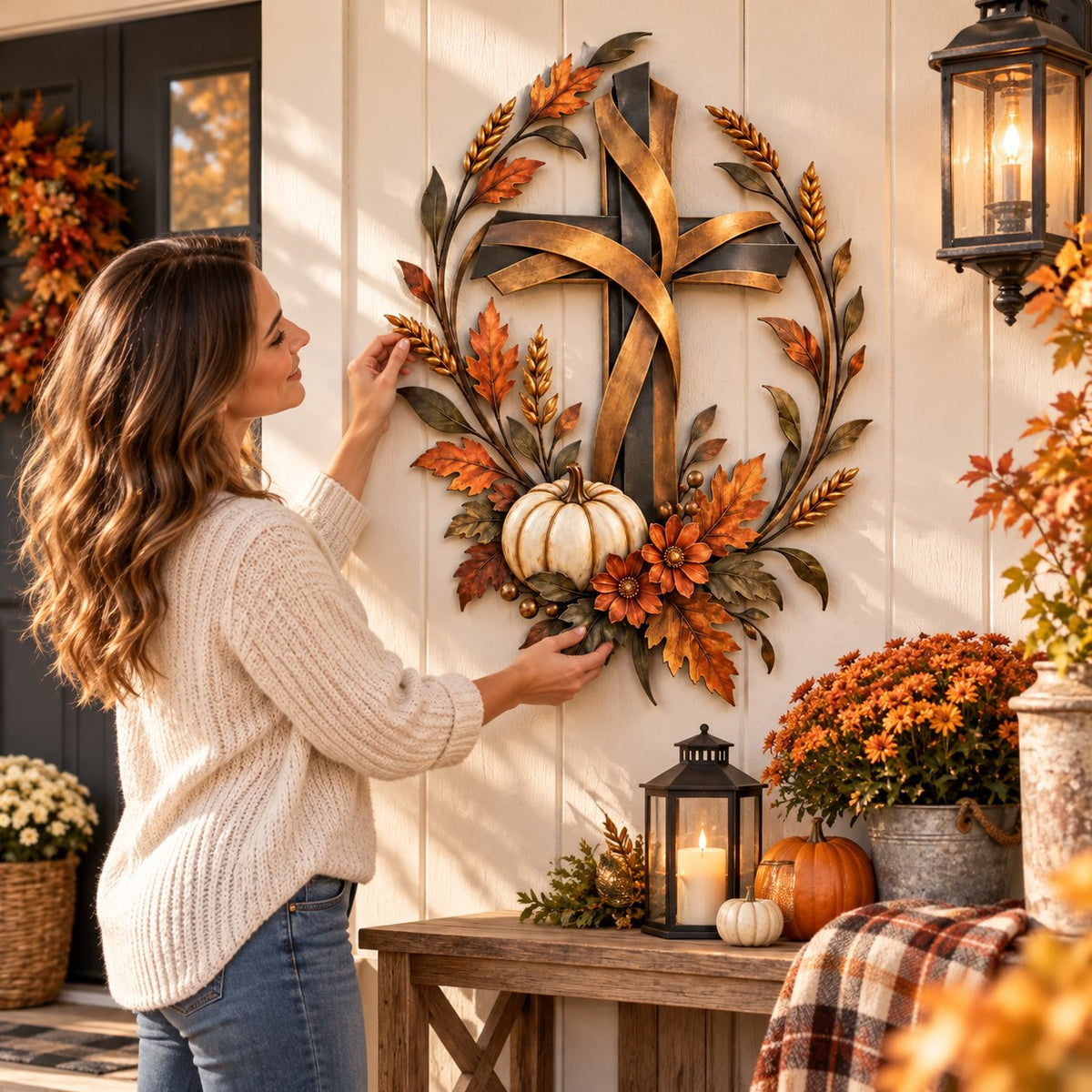 🔥LAST DAY 50% OFF -✝️🍂 Autumn Cross & Pumpkin Harvest Metal Wall Decor