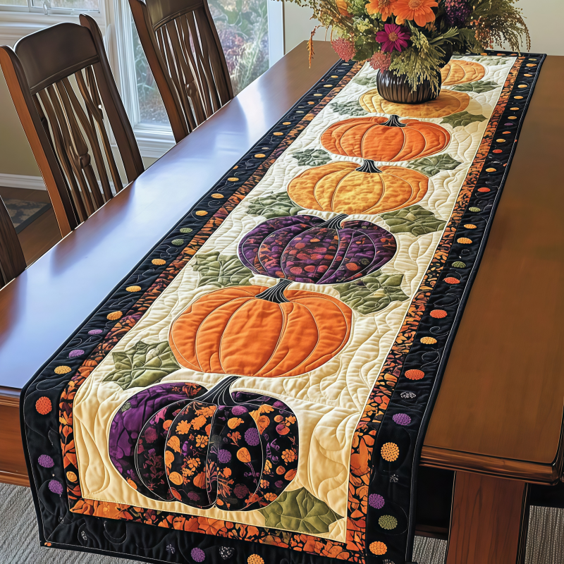 🎃 Halloween Pumpkin Quilted Table Runner – Cozy Fall Dining Decor for Seasonal Gatherings