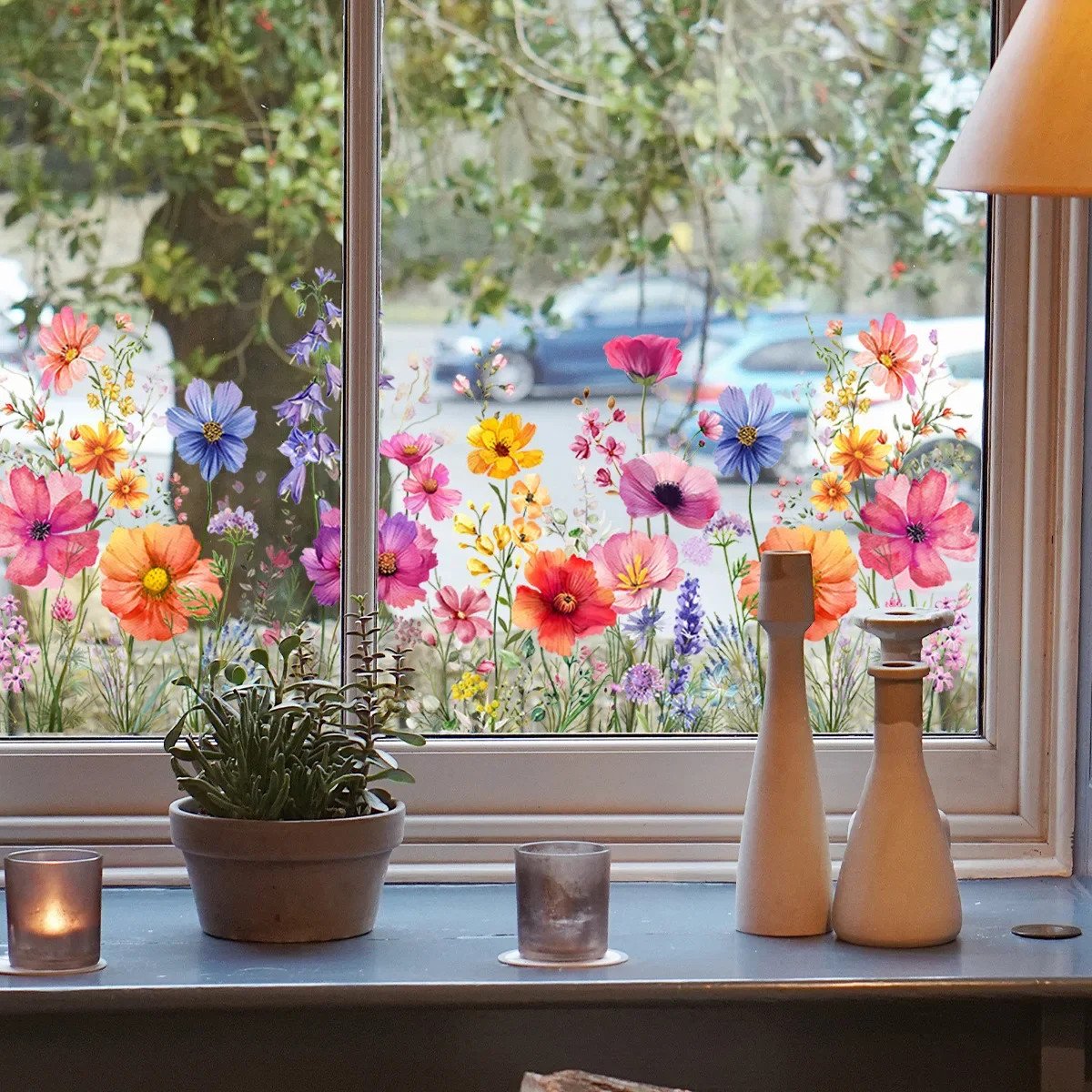 💐🖼️Colorful Floral Bouquet Window Cling - Double-Sided Printed Static Sticker for Home Decor