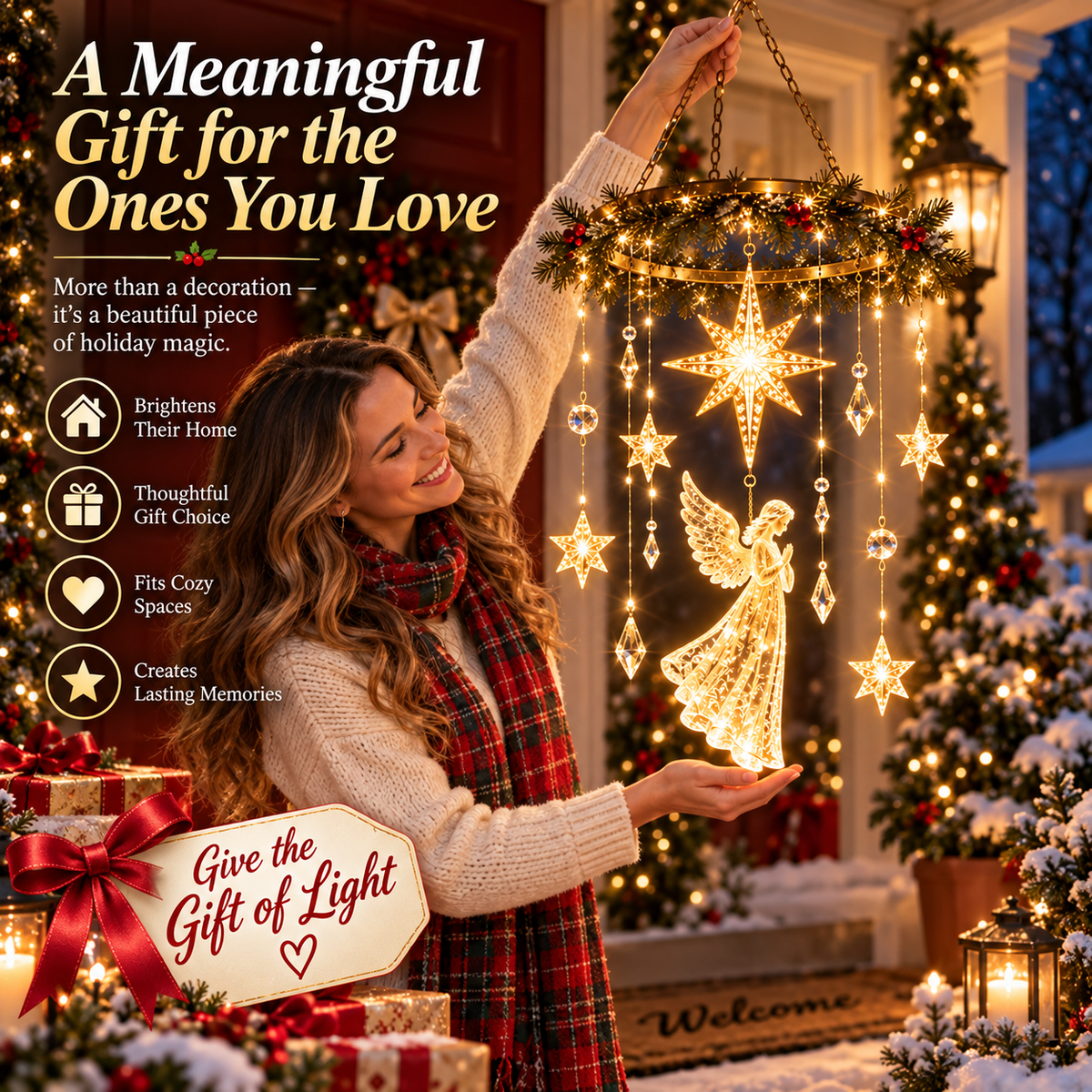 Angel Star Christmas Hanging Light – Warm White LED Holiday Chandelier with Crystal Accents