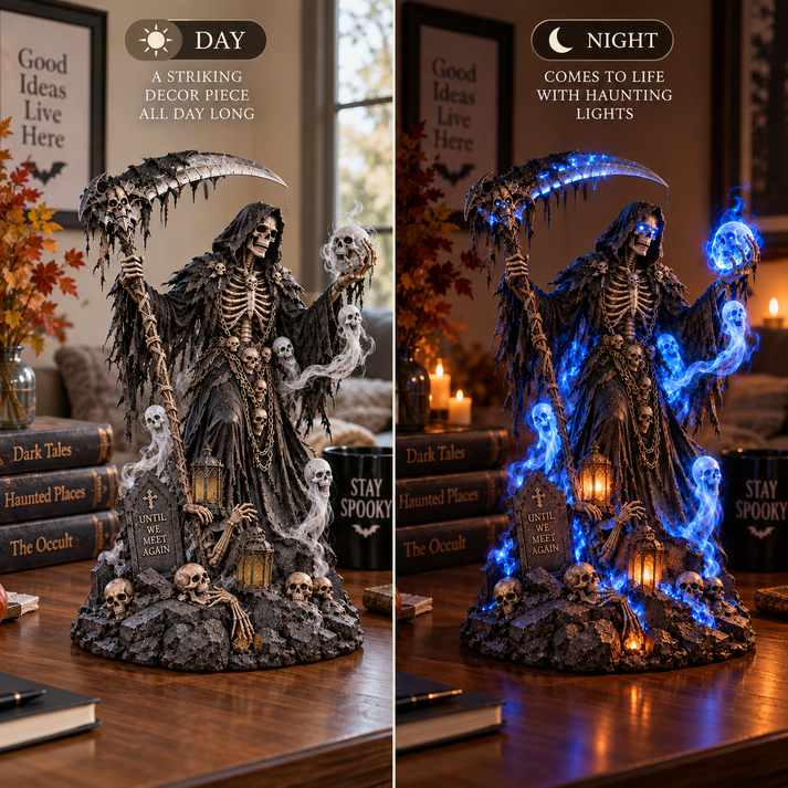 💀 LAST DAY 49% OFF🔥Blue-Light Scythe-Wielding Grim Reaper Skull Statue Lamp