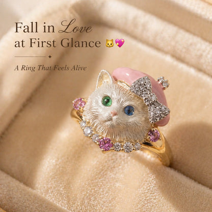 🐱💍Whimsical Pink Beret Cat Ring with Crystal Bow & Gemstone Eyes