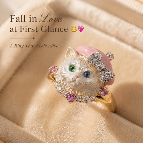 🐱💍Whimsical Pink Beret Cat Ring with Crystal Bow & Gemstone Eyes