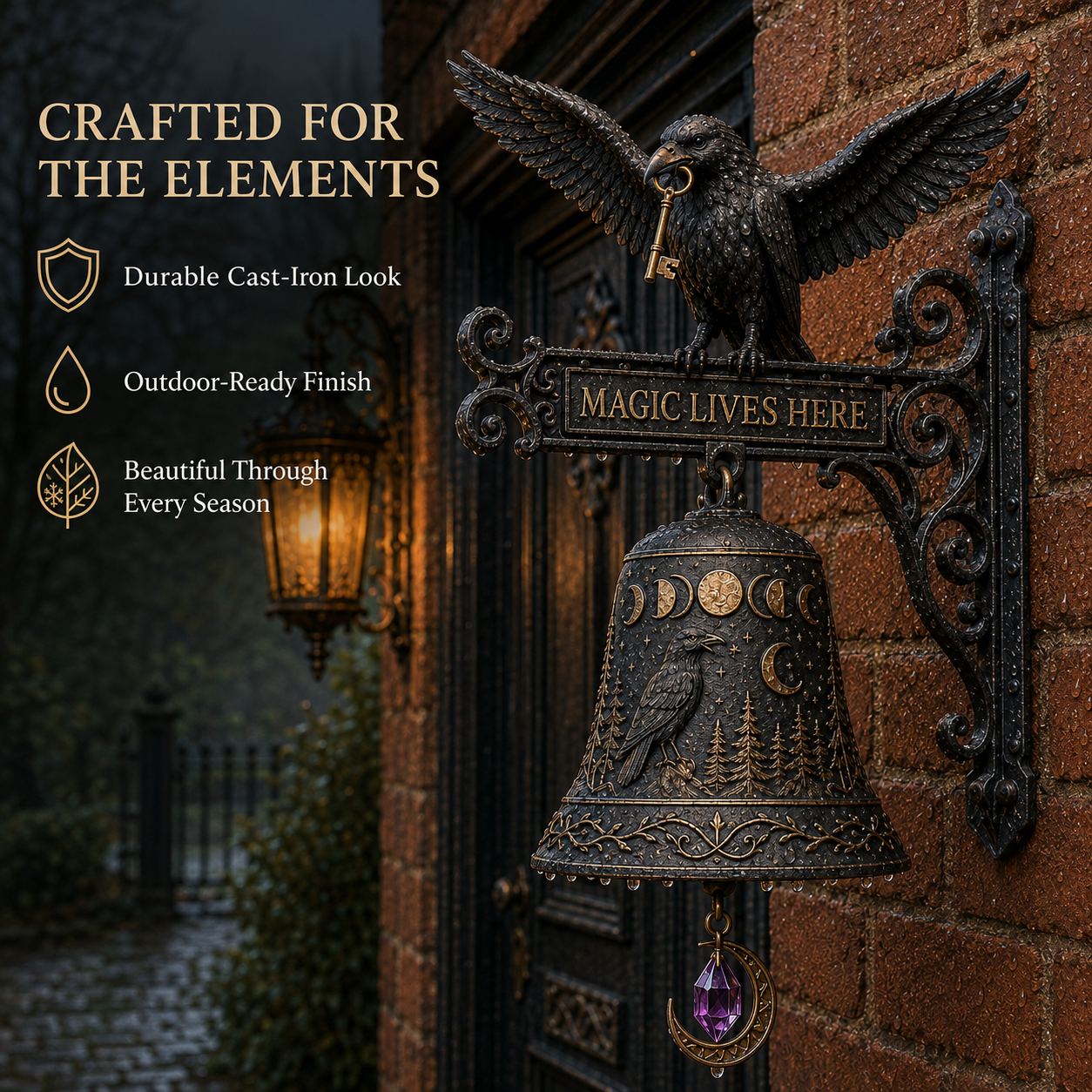 🐦‍⬛🔔 Enchanted Raven Bell – Gothic “Magic Lives Here” Door Decor