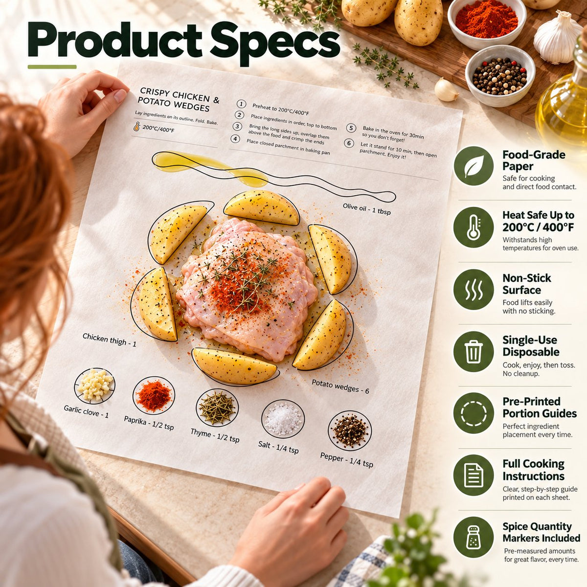 One-Pan Recipe Parchment Set | Pre-Printed Portion Guide Cooking Paper