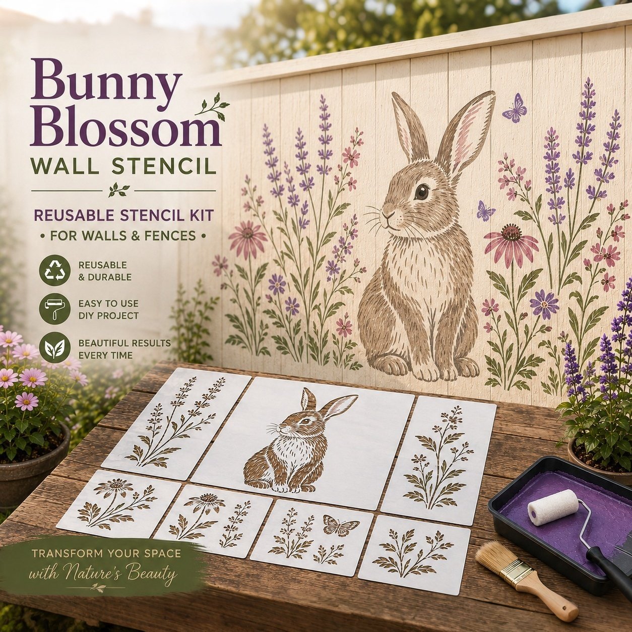🌿🌸Garden Bloom Wall Stencil Collection – Reusable DIY Floral Painting Templates