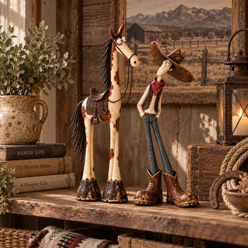 🤠🐴Whimsical Western Cowboy & Horse Figurine Duo - The Perfectly Odd Western Duo