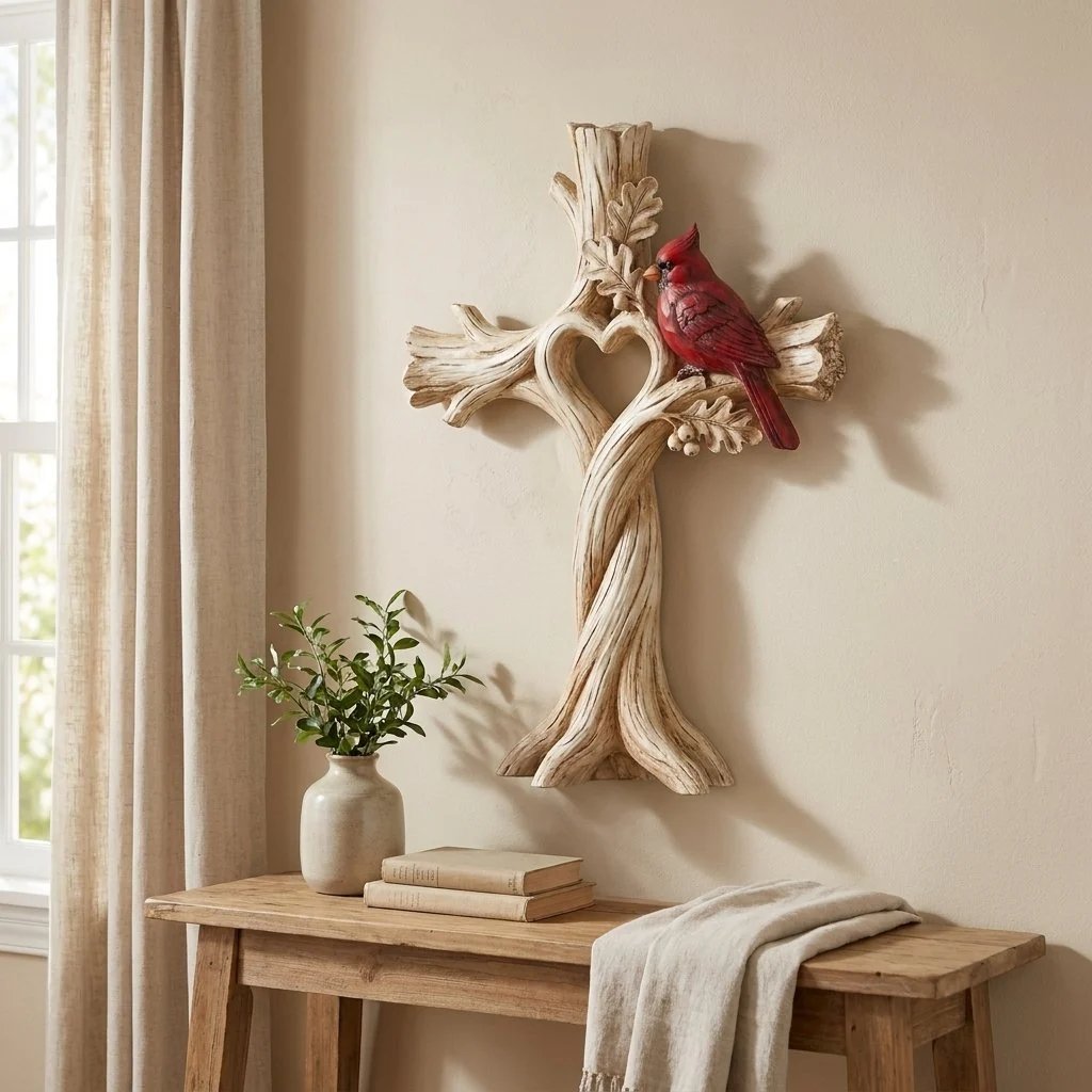 🔥LAST DAY 49% OFF -🐦Cardinal Heart Tree Cross – Hand-Carved Solid Wood Decor