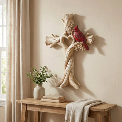🔥LAST DAY 49% OFF -🐦Cardinal Heart Tree Cross – Hand-Carved Solid Wood Decor