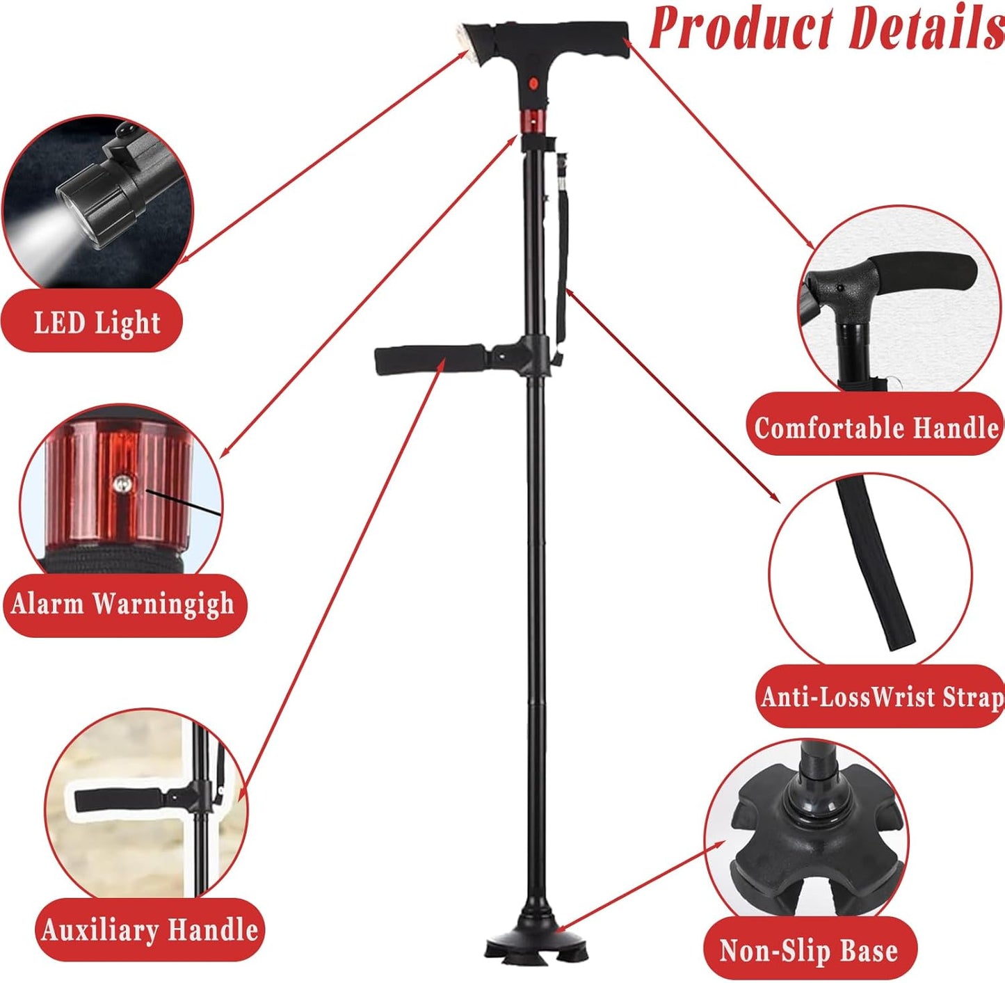 2026 New Smart Walking Cane, Upgrade Smart Walking Canes for Men Women with Alarm, with Light, Foldable Dual Handles, Adjustable Canes for Elderly