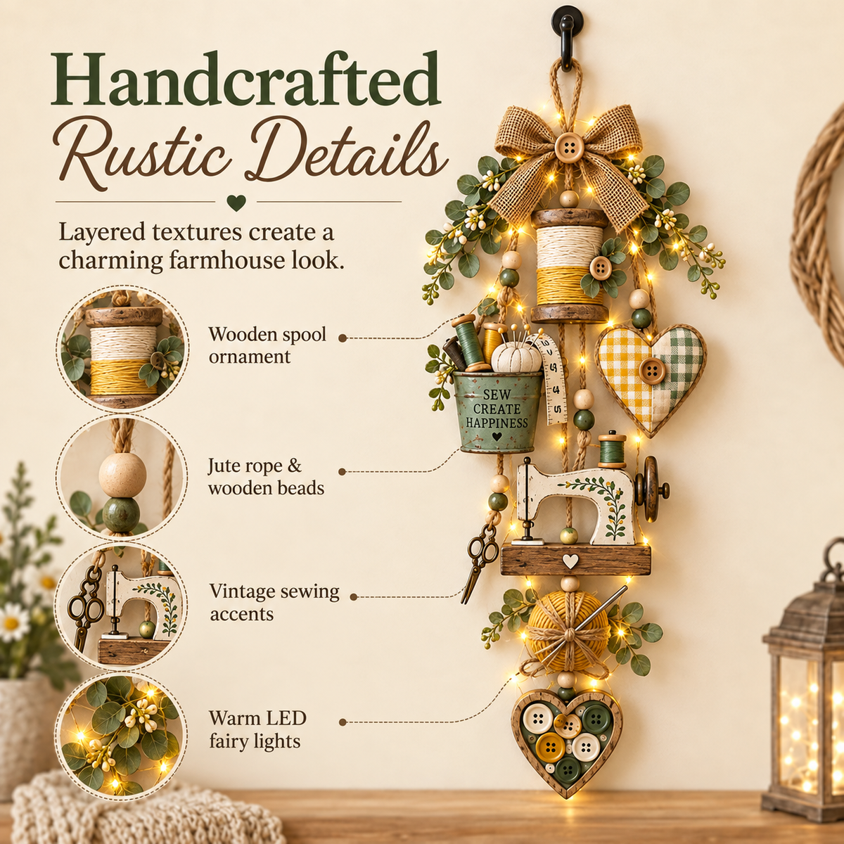🧵✨ Lighted Sewing Room Hanging Decor – Rustic Farmhouse Craft Lover Wall Ornament