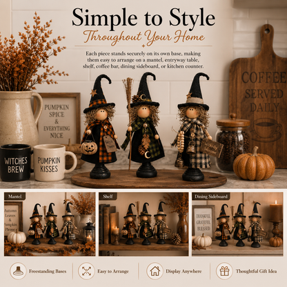 🎃 3-Piece Halloween Witch Figurine Set – Rustic Farmhouse Tabletop Decorations for Fall Home Decor