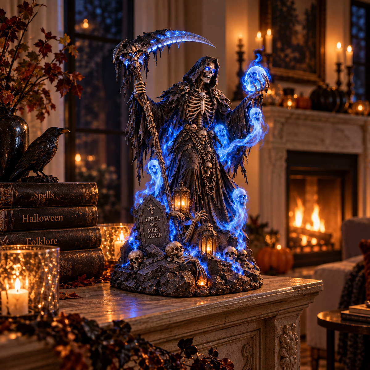 💀 LAST DAY 49% OFF🔥Blue-Light Scythe-Wielding Grim Reaper Skull Statue Lamp