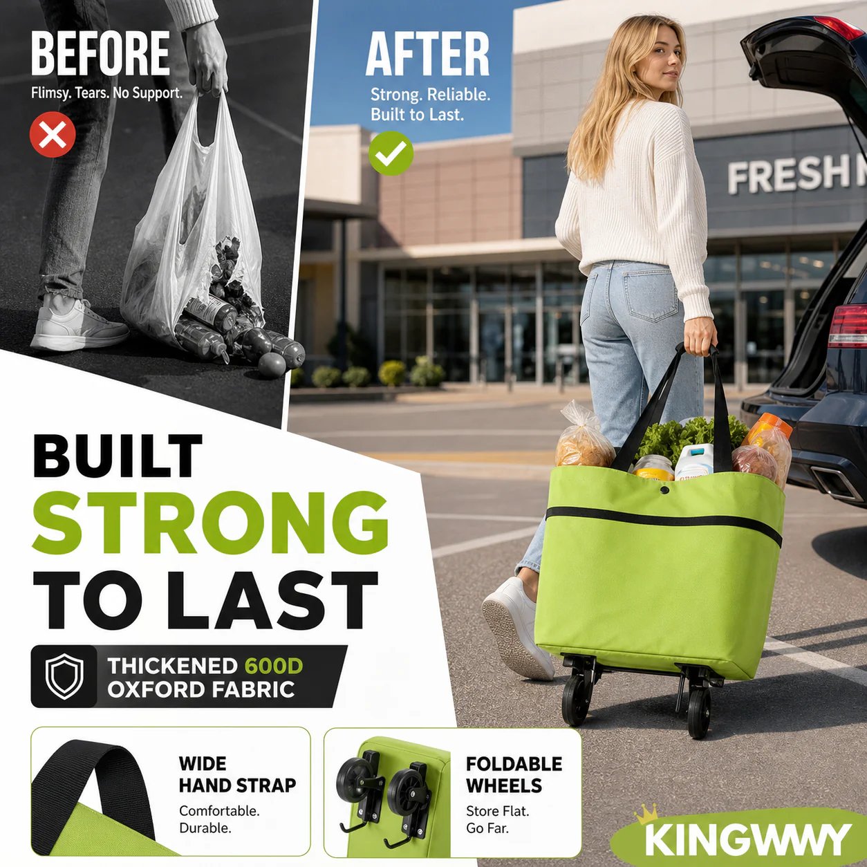 🎁 50% OFF Gift for Mom – 2-in-1 Foldable Shopping Cart with Wheels