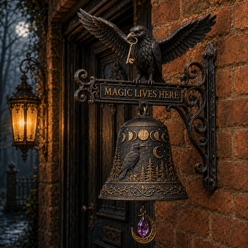 🐦‍⬛🔔 Enchanted Raven Bell – Gothic “Magic Lives Here” Door Decor