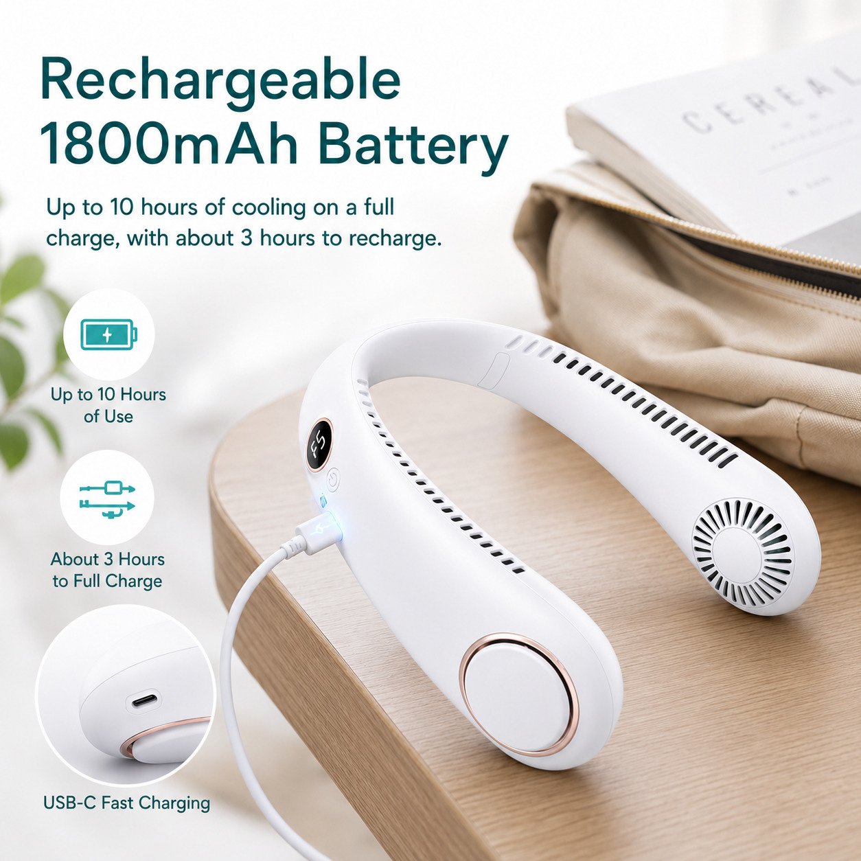 2026 Upgraded Wearable Bladeless Neck Fan 5-Speed Rechargeable Personal Cooling Fan