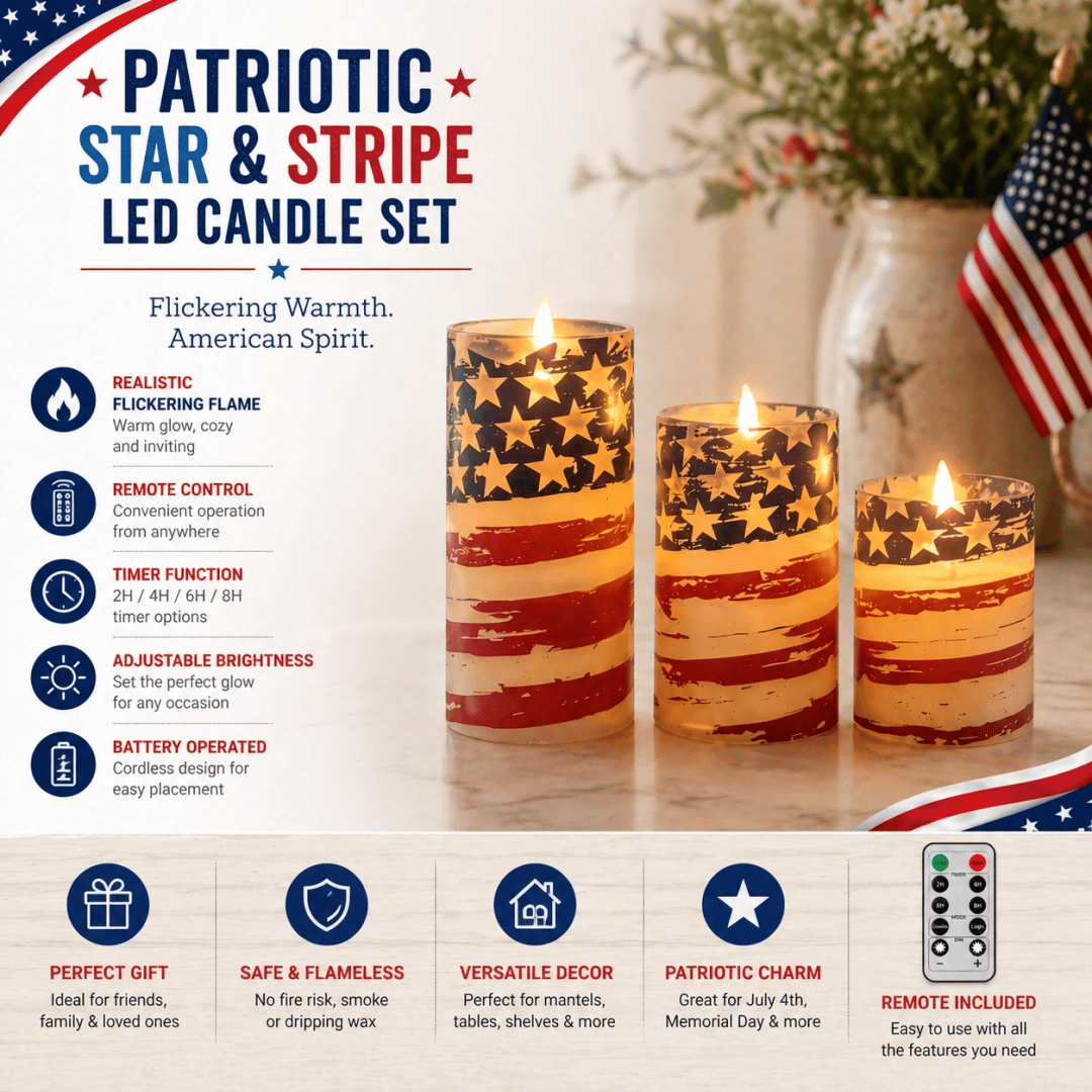Patriotic LED Flameless Candles 3 Pack with Remote Timer 4th of July