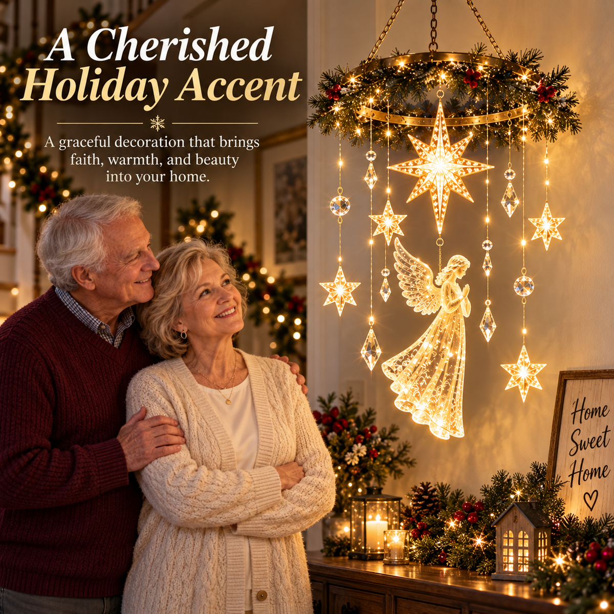 Angel Star Christmas Hanging Light – Warm White LED Holiday Chandelier with Crystal Accents