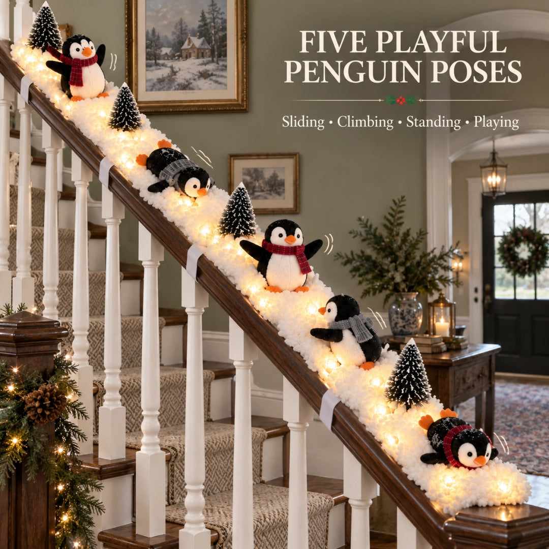 Five playful penguin Christmas staircase poses