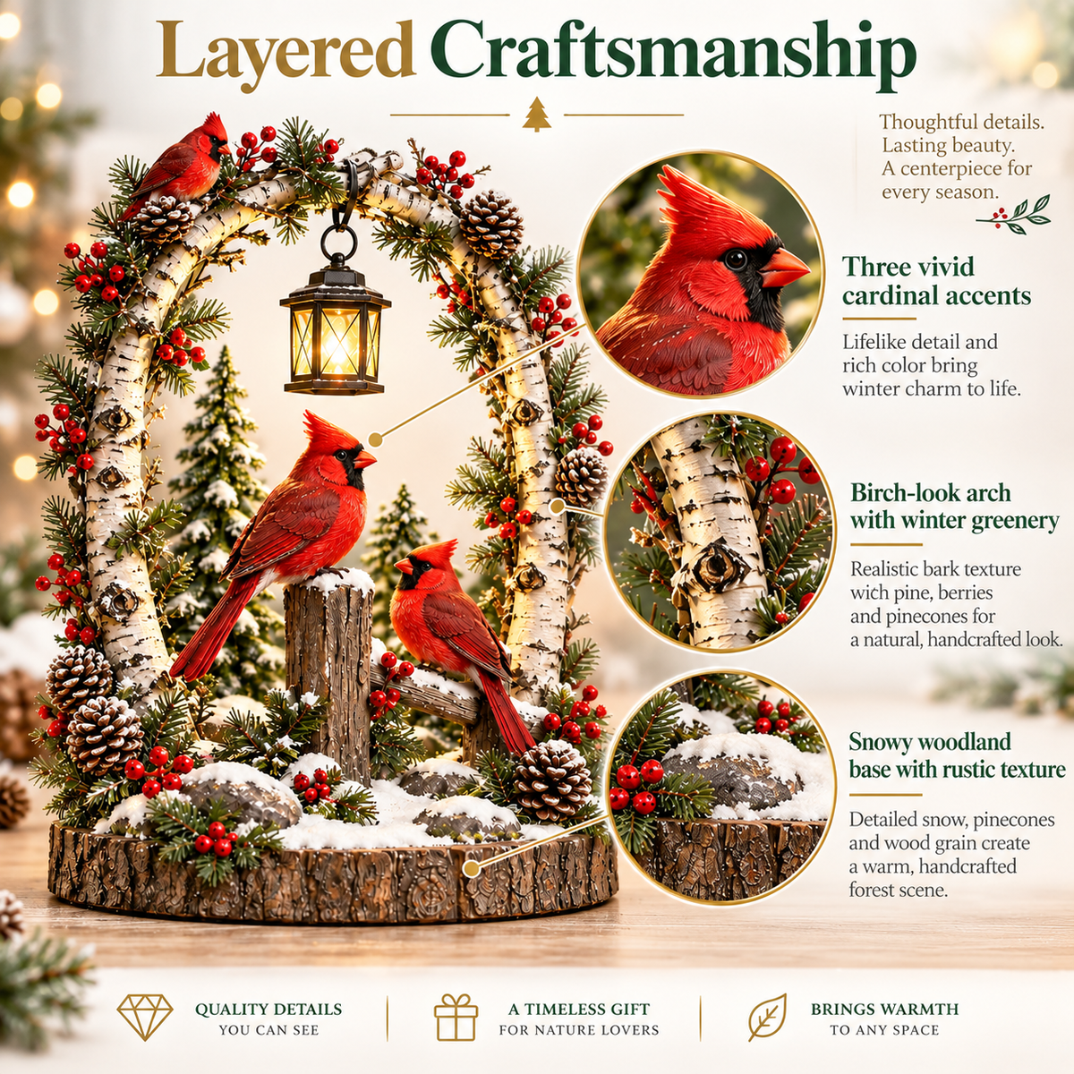 🐦✨ Cardinal Winter Glow Lantern – Lighted Woodland Christmas Tabletop Décor