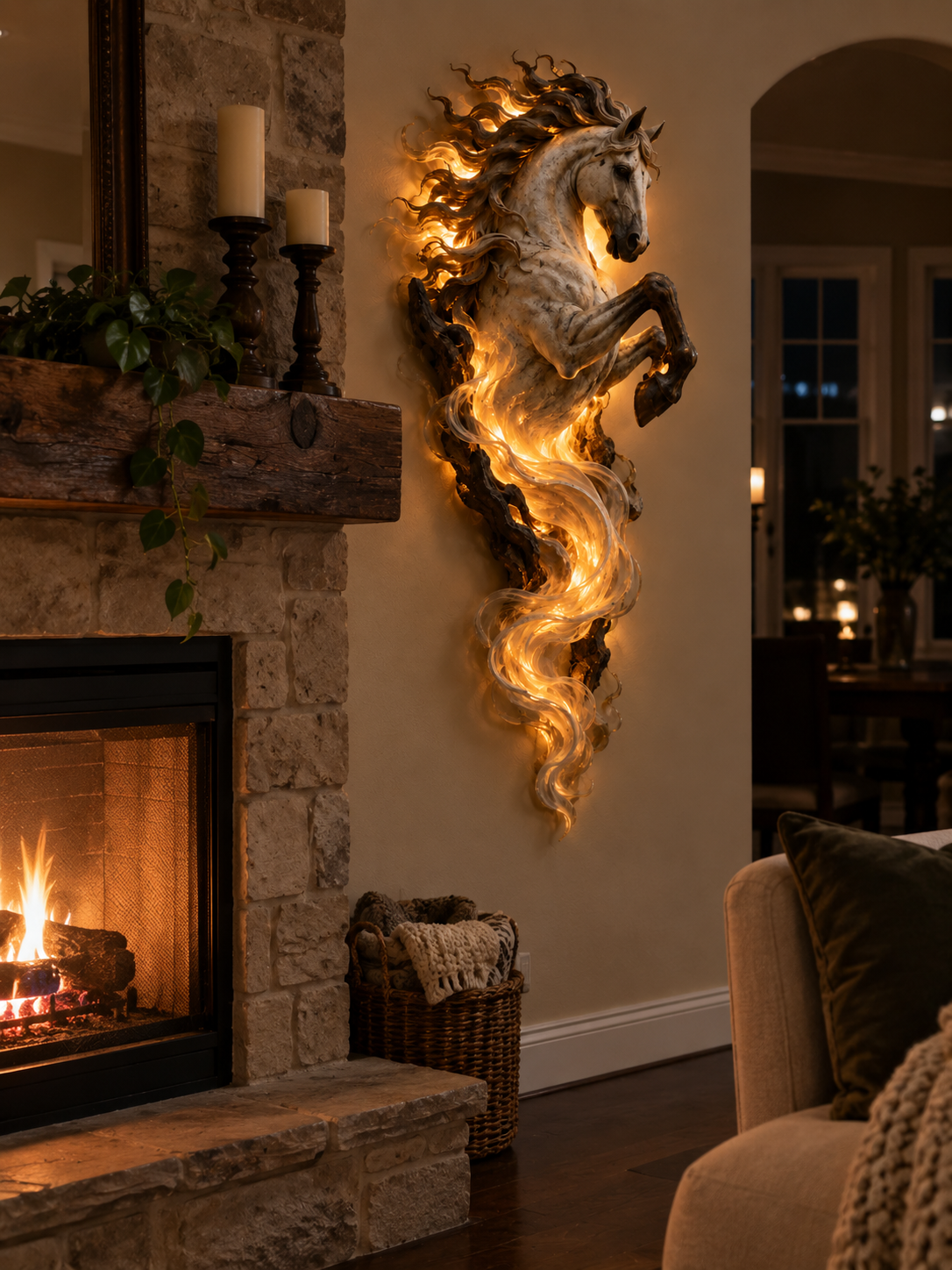 Emberlight horse sculpture glowing beside a fireplace at night