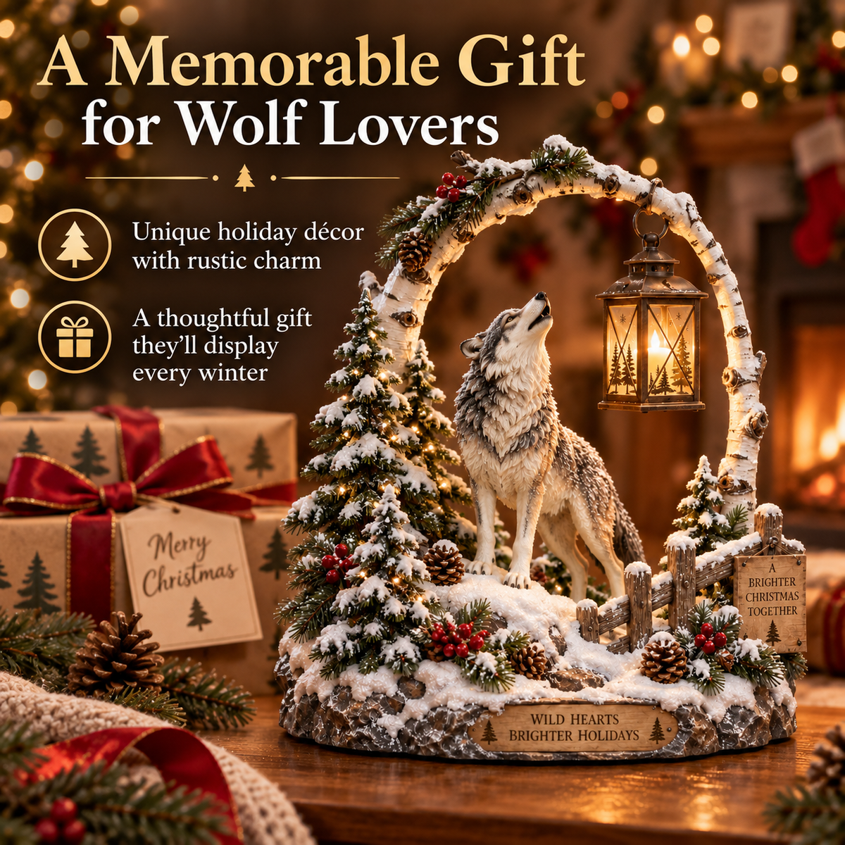 🐺❄️ Howling Wolf Wooden Lantern | Winter Woodland Light-Up Decoration