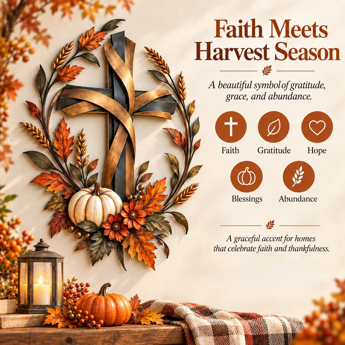 🔥LAST DAY 50% OFF -✝️🍂 Autumn Cross & Pumpkin Harvest Metal Wall Decor
