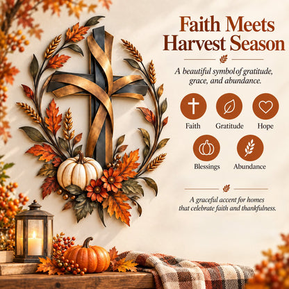 🔥LAST DAY 50% OFF -✝️🍂 Autumn Cross & Pumpkin Harvest Metal Wall Decor