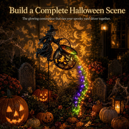 🧙🎃 Halloween Flying Witch Cauldron Garden Stake Light