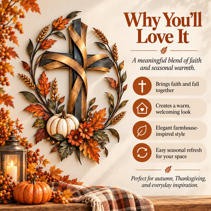🔥LAST DAY 50% OFF -✝️🍂 Autumn Cross & Pumpkin Harvest Metal Wall Decor