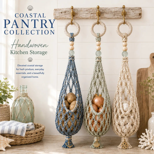 🌊 🥔 Coastal Style Hanging Fruit and Vegetable Organizer – Breathable Handwoven Organizer with Easy Side Access