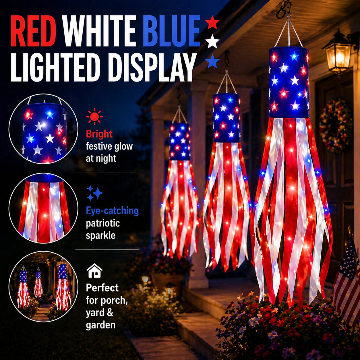 🔥2 Packs 50" Patriotic LED Windsocks American Flag Decor with Lights