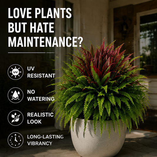⏳ Last day 50% OFF –🌿UV-Resistant Artificial Ferns And Red Dragon Blood Trees