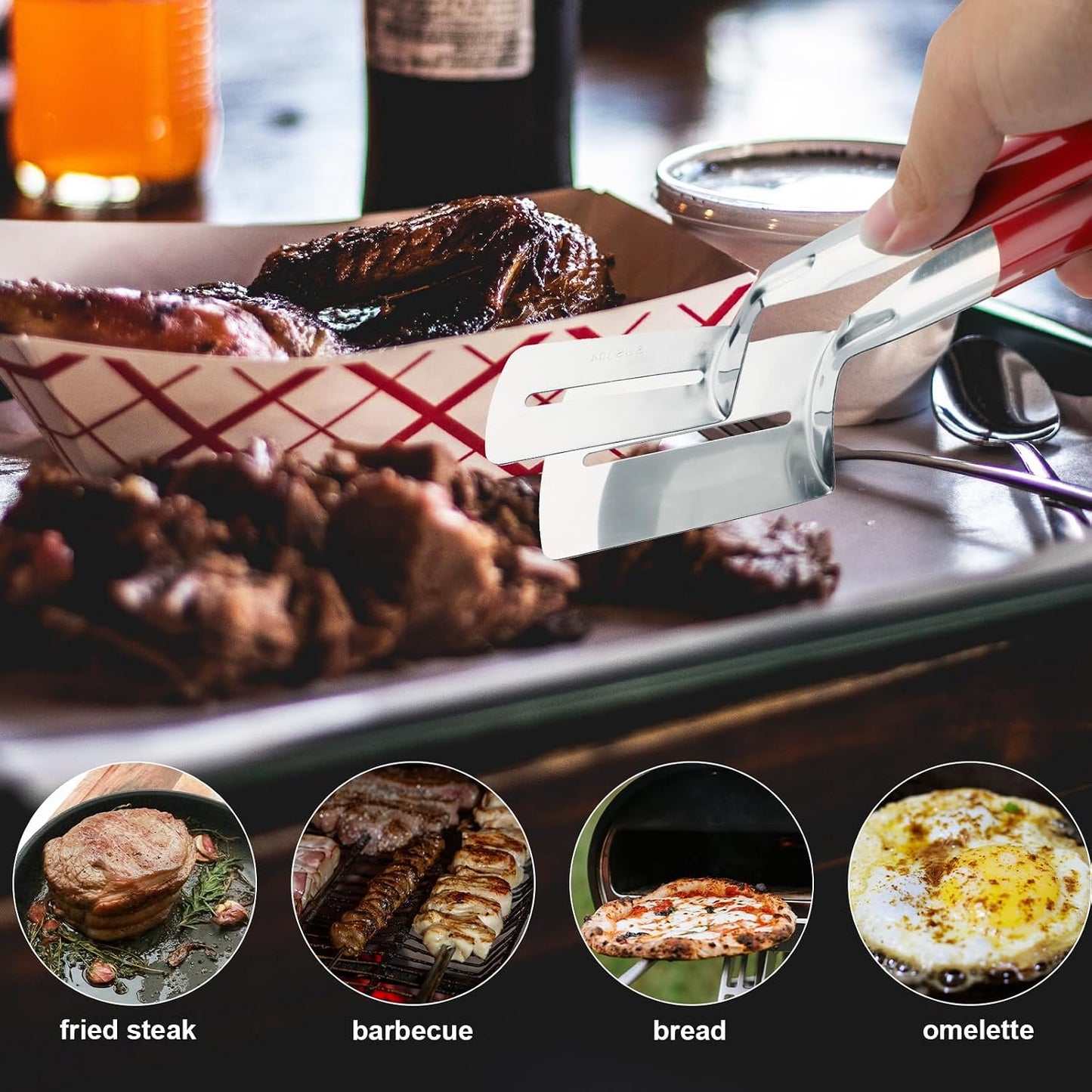 🔥3-in-1 Stainless Steel Kitchen Tongs, BBQ Grill Tongs with Flipper & Turner