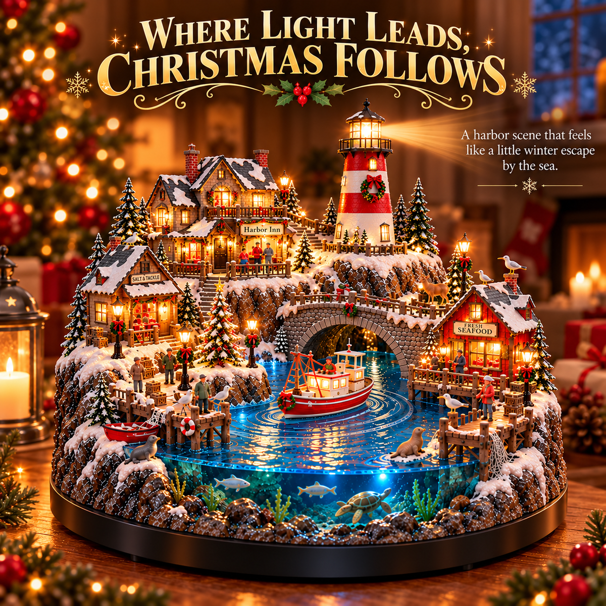 🔥 HOT SALE 49% OFF🔥 Harborlight Christmas™ — Lighted Coastal Village with Lighthouse, Fishing Boat & Underwater Scene ✨