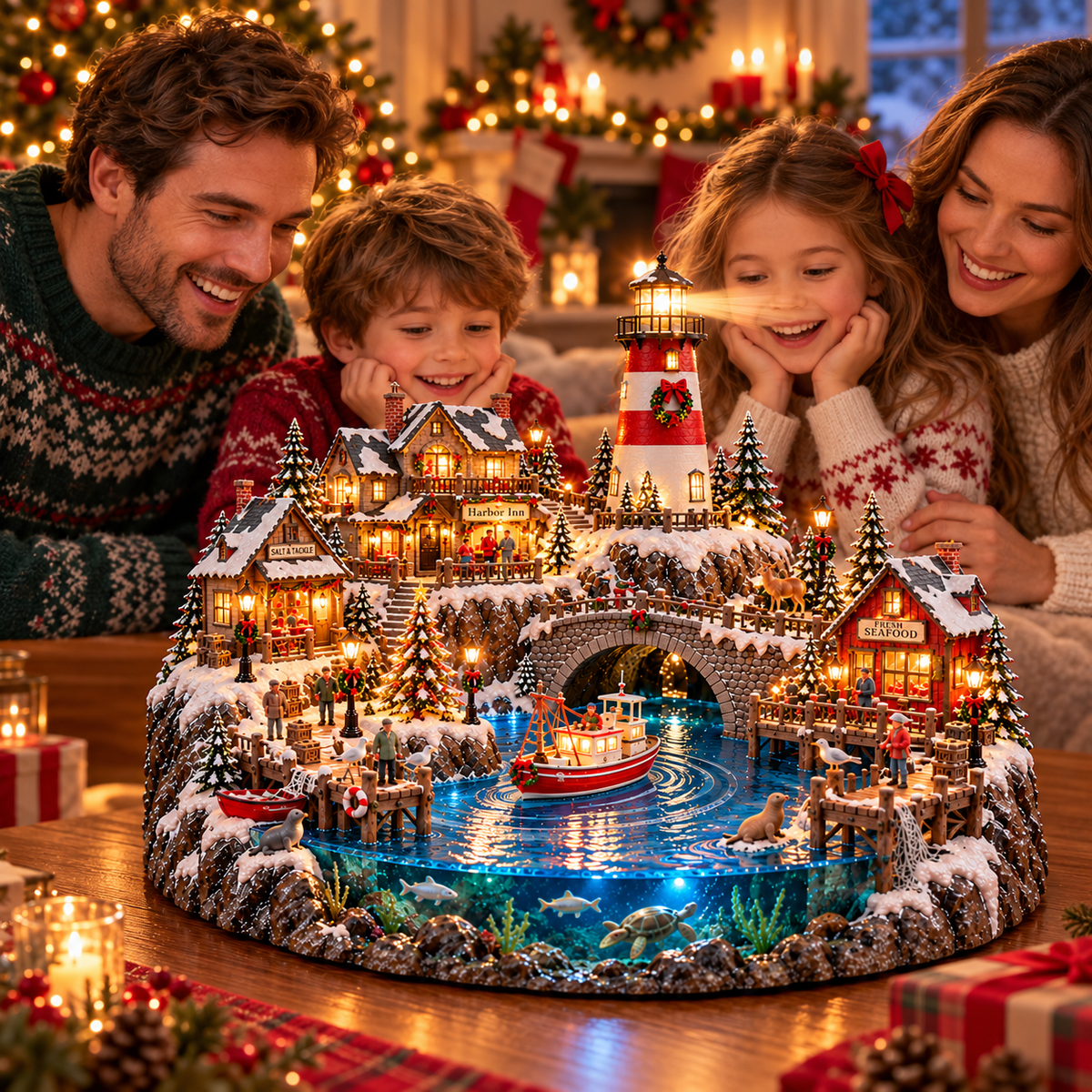🔥 HOT SALE 49% OFF🔥 Harborlight Christmas™ — Lighted Coastal Village with Lighthouse, Fishing Boat & Underwater Scene ✨