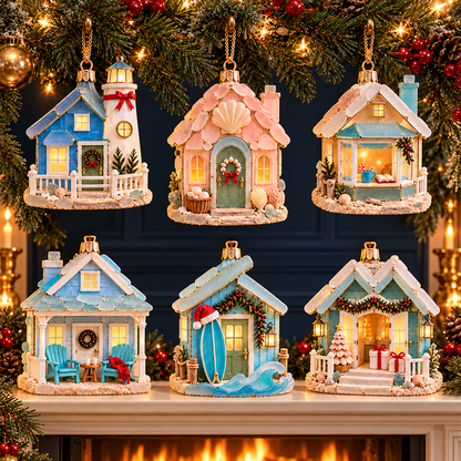 🌊 2026 Coastal Christmas Cottage Ornaments – Set of 6 Beach House Holiday Keepsakes