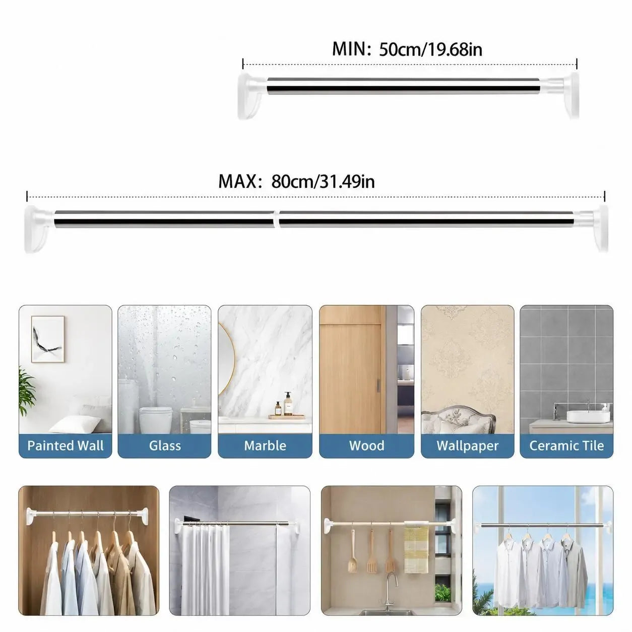 Drill-Free Adjustable Tension Rod for Closet & Laundry