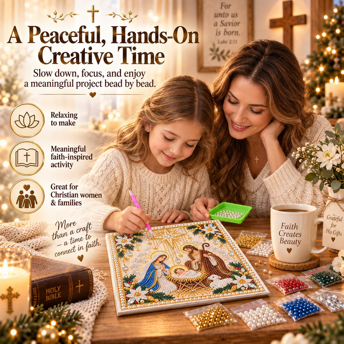 Mother and daughter making Christian pearl artwork