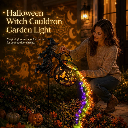 🧙🎃 Halloween Flying Witch Cauldron Garden Stake Light