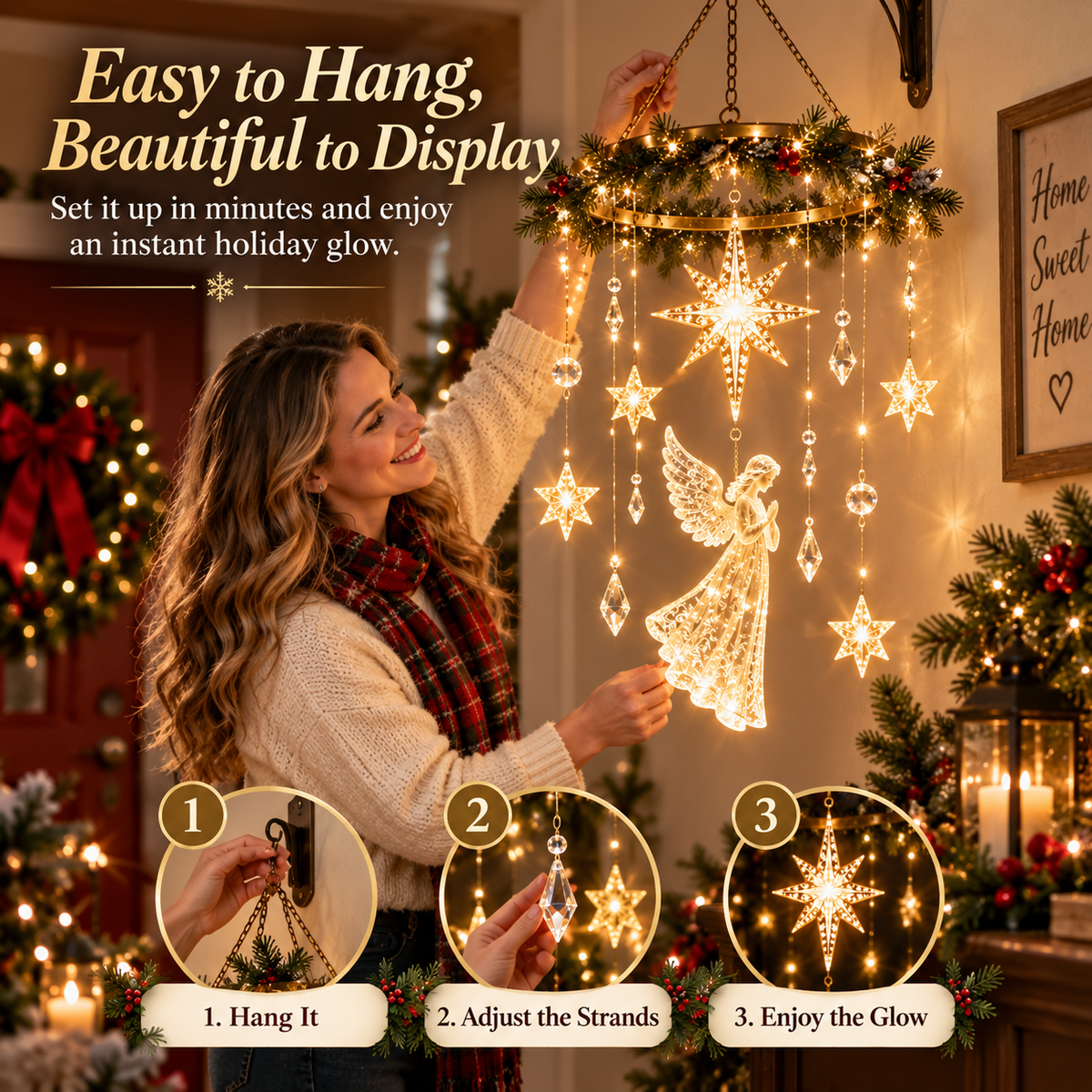 Angel Star Christmas Hanging Light – Warm White LED Holiday Chandelier with Crystal Accents
