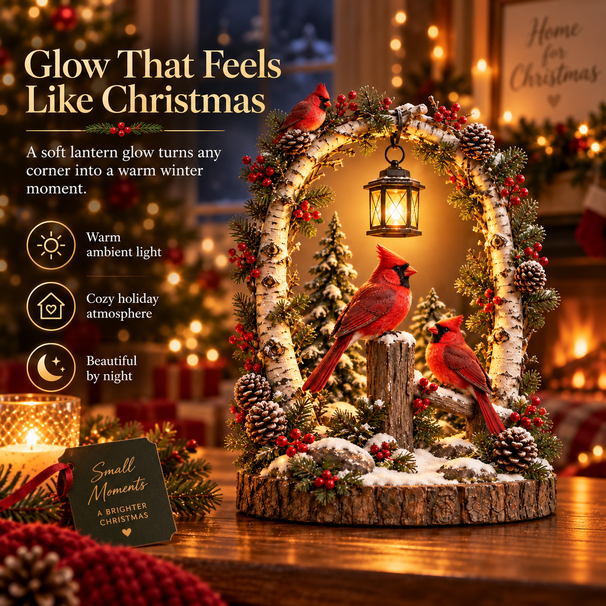 🐦✨ Cardinal Winter Glow Lantern – Lighted Woodland Christmas Tabletop Décor
