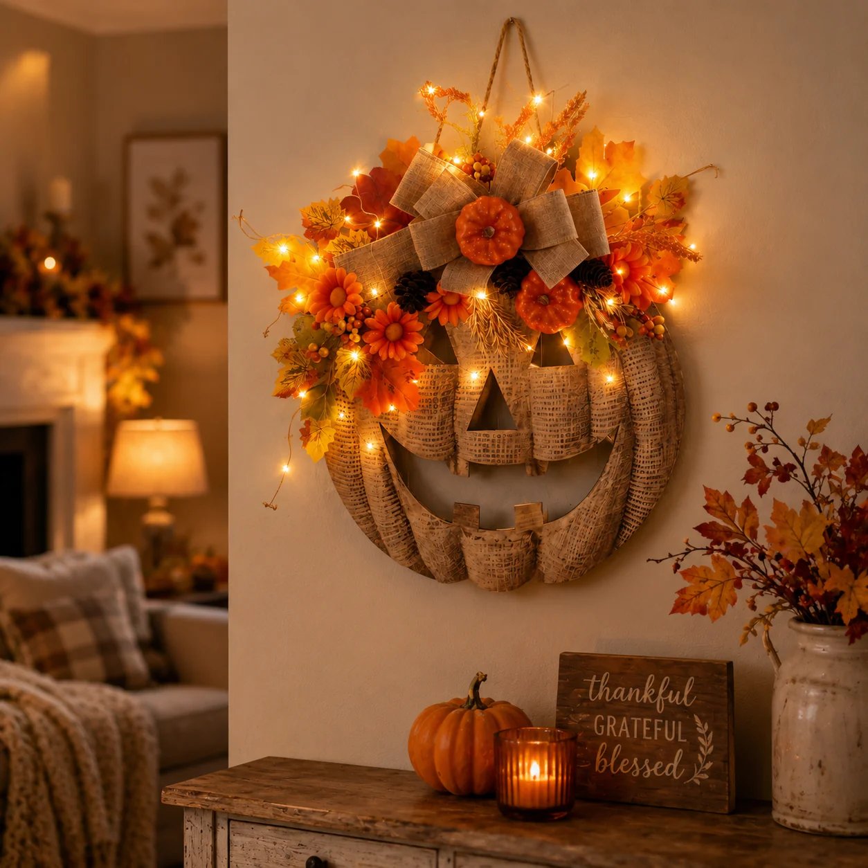 🔥LAST DAY 49% OFF🎃✨Rustic Lighted Burlap Pumpkin Wreath